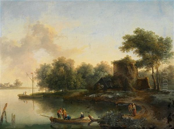 Flusslandschaft Mit Ruinen Und Brucke; Flusslandschaft Mit Booten Und Hutte Am Ufer Oil Painting by Christian Hilfgott Brand