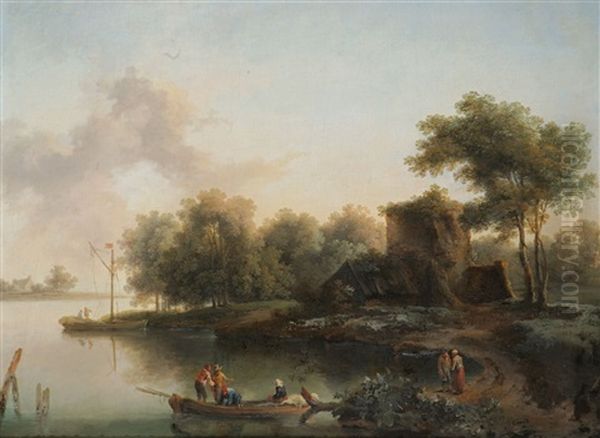 Ruinenlandschaft Mit Brucke Und Personenstaffage (+ Flusslandschaft Mit Booten, Personen Und Hutte Am Ufer; Pair) Oil Painting by Christian Hilfgott Brand