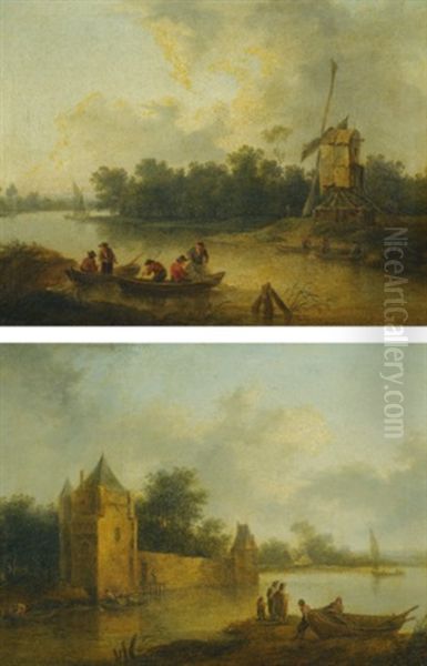 River Landscape With A Windmill (+ River Landscape With A Fortified House; Pair) Oil Painting by Christian Hilfgott Brand