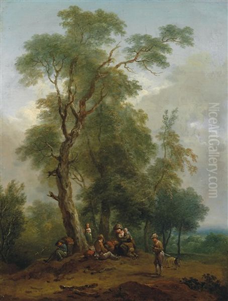 Waldlandschaft Mit Figuren Am Morgen (+ Waldlandschft Mit Figuren Am Abend; Pair) Oil Painting by Christian Hilfgott Brand