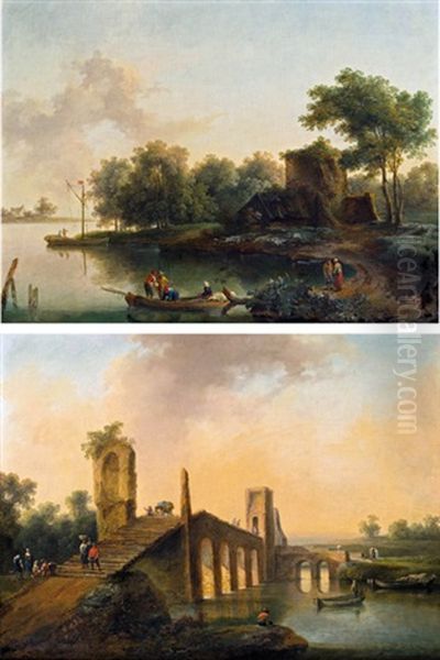 Flusslandschaft Mit Ruine (+ Flusslandschaft Mit Antiker Brucke; Pair) Oil Painting by Christian Hilfgott Brand