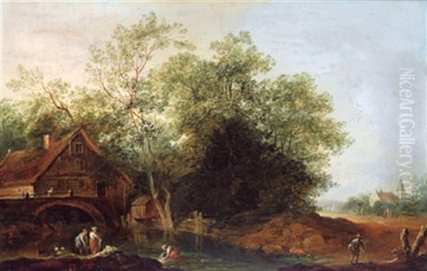 Wascherinnen Vor Einem Bauernhaus Im Walde An Einem Bach Oil Painting by Christian Hilfgott Brand