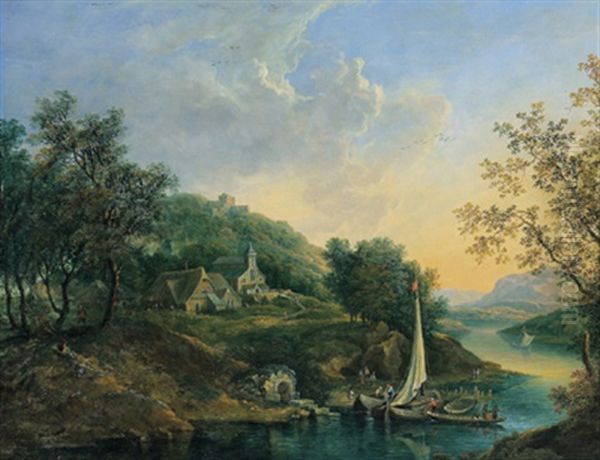 Gebirgige Flusslandschaft Mit Ankernden Booten, Einem Dorf Und Auf Der Anhohe Einer Burgruine Sowie Vielen Figuren Oil Painting by Christian Hilfgott Brand