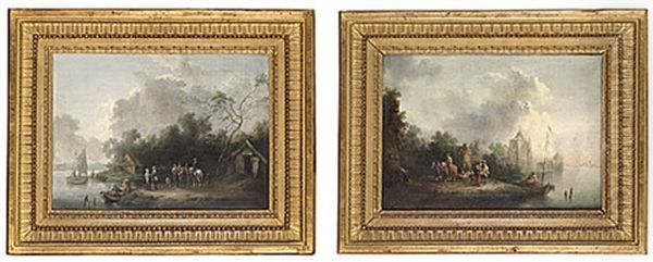 Flodlandskap Med Byggnader Och Figurstaffage (+ Another Similar; Pair) Oil Painting by Christian Hilfgott Brand