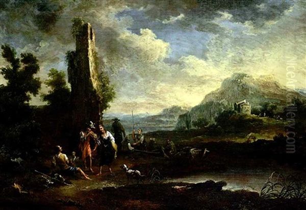 Ruinenlandschaft, Im Vordergrund Fischer Und Flotenspieler Oil Painting by Christian Hilfgott Brand