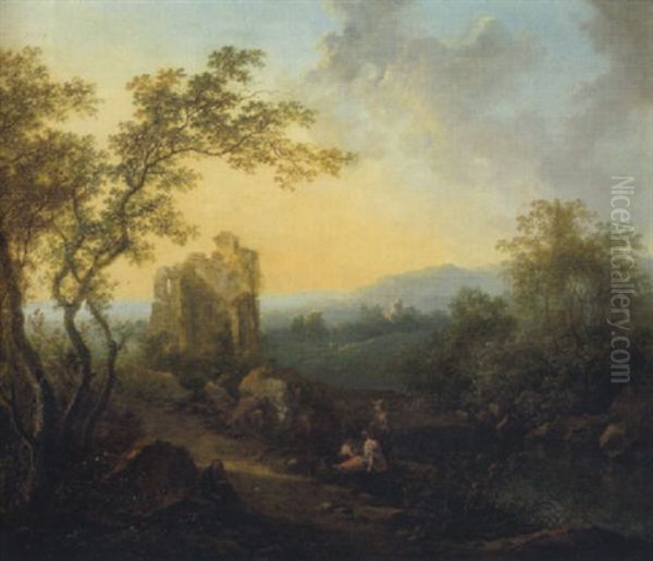 Weite, Bewaldete Landschaft Mit Ruinen Und Rastenden Oil Painting by Christian Hilfgott Brand