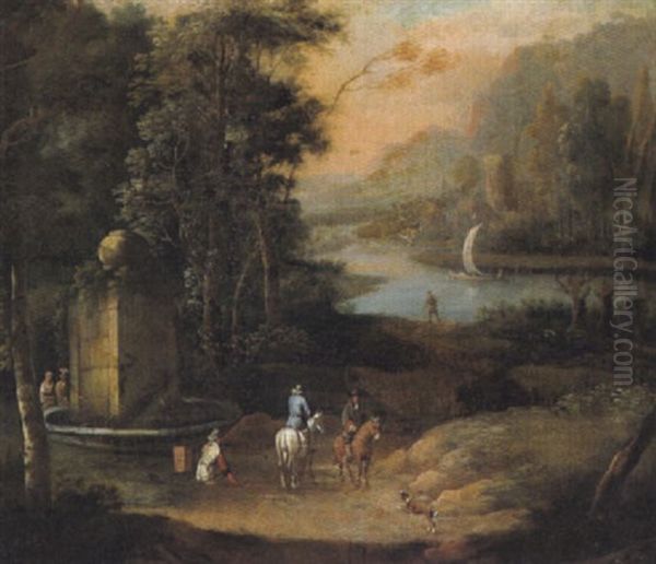 Bewaldete Fluslandschaft Mit Einem Monumentalen Brunnen Und Zwei Reitern Oil Painting by Christian Hilfgott Brand