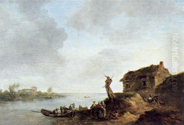 Fluslandschaft Mit Einem Bauernhaus, Booten Und Figuren Oil Painting by Christian Hilfgott Brand