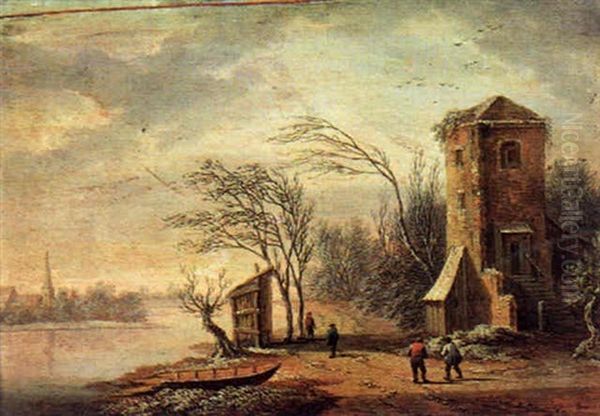 Fluslandschaft Mit Einem Turm Und Reisenden Oil Painting by Christian Hilfgott Brand