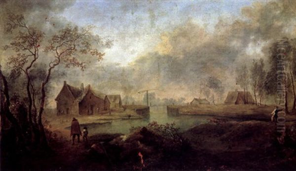 Weite Fluslandschaft Mit Bauernhausern Und Figuren Oil Painting by Christian Hilfgott Brand