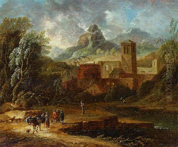 An Italianate Landscape With Travellers And A Packmule On The River Bank Oil Painting by Christian Hilfgott Brand