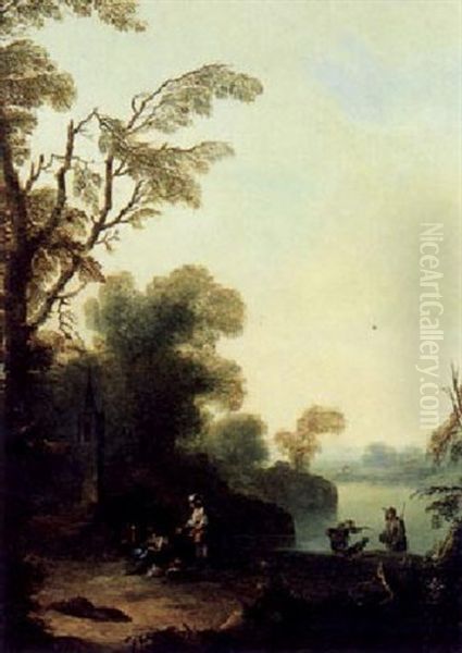 Fluslandschaft Mit Einer Kapelle Und Rastenden, Abend Oil Painting by Christian Hilfgott Brand