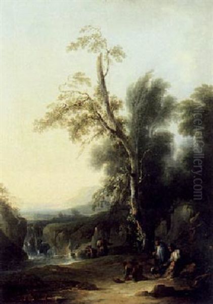 Gebirgige Fluslandschaft Mit Rastenden, Abend Oil Painting by Christian Hilfgott Brand