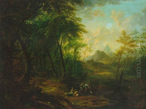 A Wooded Landscape With Figures Resting On A Track Oil Painting by Christian Hilfgott Brand