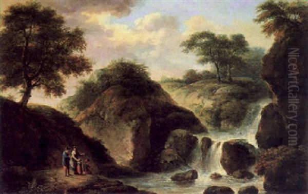 Gebirgige Landschaft Mit Zuschauern Vor Eine Wasserfall Oil Painting by Christian Hilfgott Brand