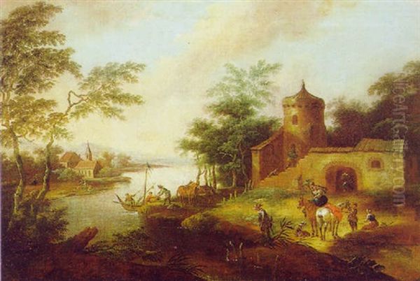 Bewaldete Fluslandschaft Mit Einer Fahre Und Reitern Vor Einem Schlosturm Oil Painting by Christian Hilfgott Brand