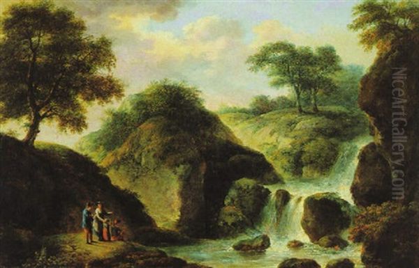 Gebirgige Landschaft Mit Zuschauern Vor Einem Wasserfall Oil Painting by Christian Hilfgott Brand