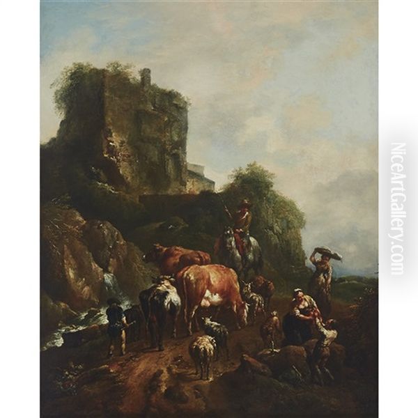 Italianate Landscape With Ruin: A Gathering Of Herdsmen With Cattle, Sheep, Dogs And Washerwoman by Johann Christian Brand