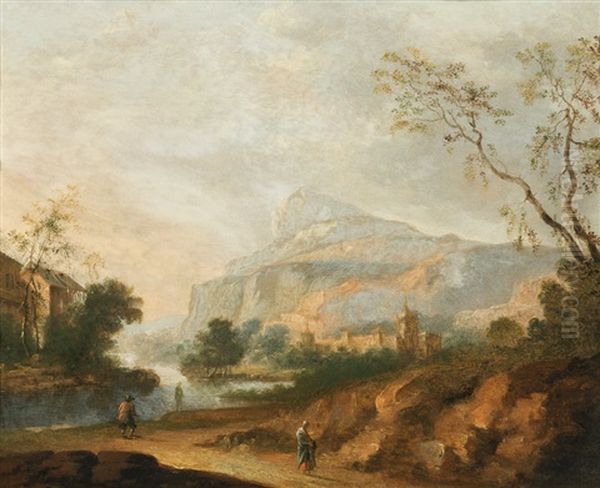 River Landscape With Castle Oil Painting by Johann Christian Brand