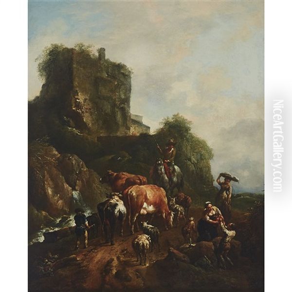 Italianate Landscape With Ruin, And A Gathering Of Herdsmen With Their Cattle, Sheep, Dogs And A Washerwoman At Right Oil Painting by Johann Christian Brand