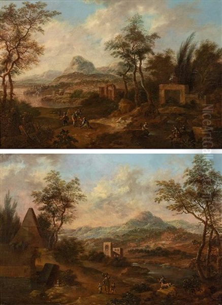 Landscape With Figures (counterparts) Oil Painting by Johann Christian Brand