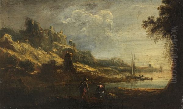 2 Pendants: Kleine Flusslandschaften Mit Ruinen Und Personenstaffage Oil Painting by Johann Christian Brand