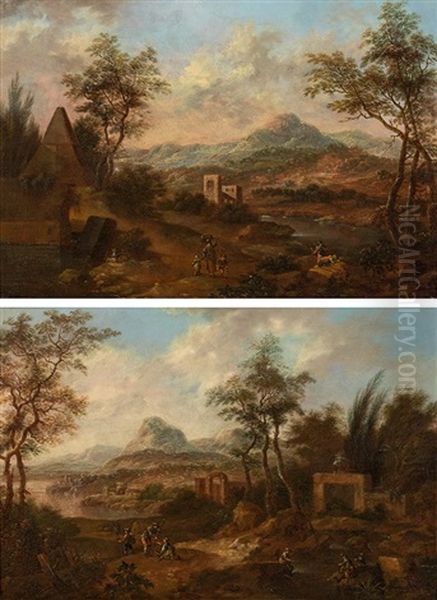 Landscape With Figures (counterparts) Oil Painting by Johann Christian Brand