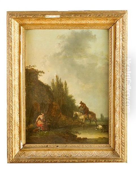 Shepherds Resting By The Water With Horse Rider In Landscape Oil Painting by Johann Christian Brand