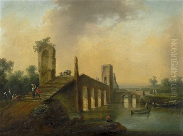 Abendstimmung Bei Ponte Molle; Flusslandschaft Im Abendlicht Oil Painting by Johann Christian Brand