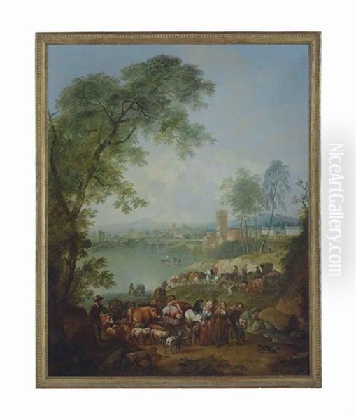 An Italianate River Landscape With Herdsmen And Their Cattle And Sheep In The Foreground, A Bridge And A Town Beyond Oil Painting by Johann Christian Brand