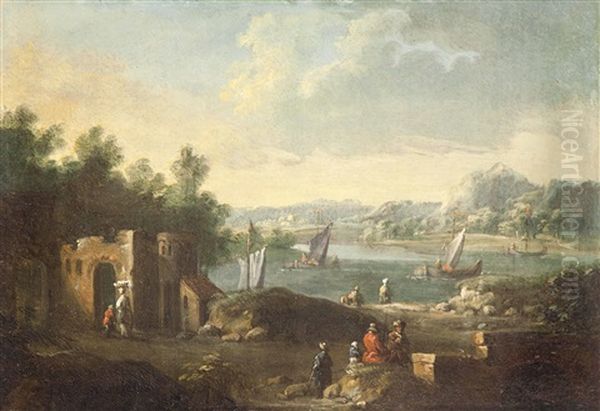 Landliche Idylle Mit Segelschiffen Und Personen (pair) Oil Painting by Johann Christian Brand