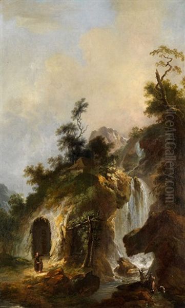 Gebirgswasserfall Mit Einem Eremiten Vor Der Klause Oil Painting by Johann Christian Brand