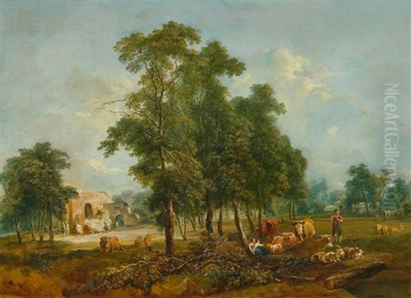 Hirten Mit Kuhen Und Ziegen In Weiten Landschaften (pair) Oil Painting by Johann Christian Brand