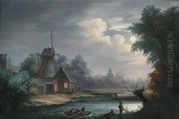 Abendliche Flusslandschaft Mit Windmuhle Oil Painting by Johann Christian Brand