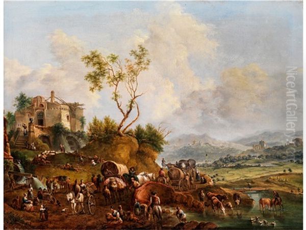 Sudliche Landschaft Mit Ruinen Und Zahlreicher Figurenstaffage Oil Painting by Johann Christian Brand