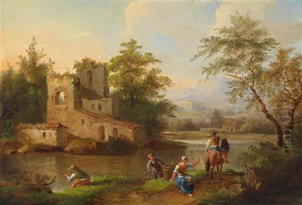 Flusslandschaft Mit Ruinen Und Figurlicher Staffage Oil Painting by Johann Christian Brand