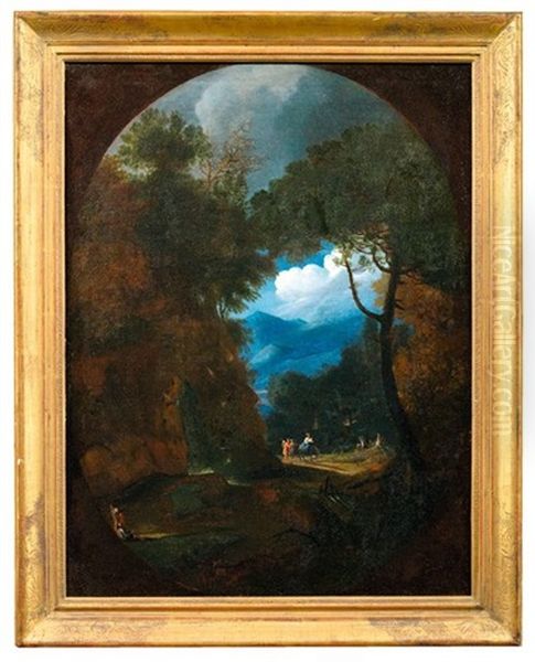 Nachtliche Landschaft Mit Reisenden (+ Fruhmorgendliche Landschaft Mit Bauern; Pair) Oil Painting by Johann Christian Brand