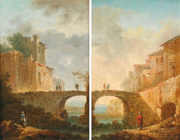 Flusslandschaft Mit Bogenbrucke, Hausern Und Figuren (+ Flusslandschaft Mit Bogenbrucke, Hausern Und Figuren; 2 Works) Oil Painting by Johann Christian Brand