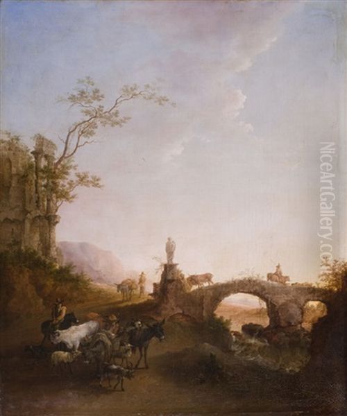 Ruinenlandschaft Mit Landvolk Und Weidevieh Oil Painting by Johann Christian Brand