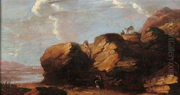 Travelers In A Rocky Landscape Oil Painting by Johann Christian Brand