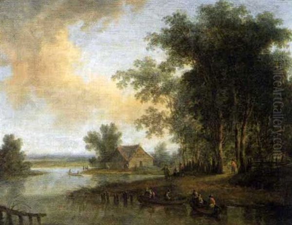 Flusslandschaft Mit Fischern Und Ihren Booten Oil Painting by Johann Christian Brand