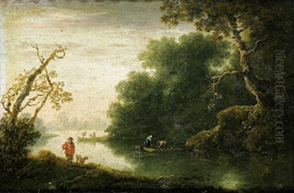 Bewaldete Flusslandschaft Mit Einem Angler Mit Hund Oil Painting by Johann Christian Brand