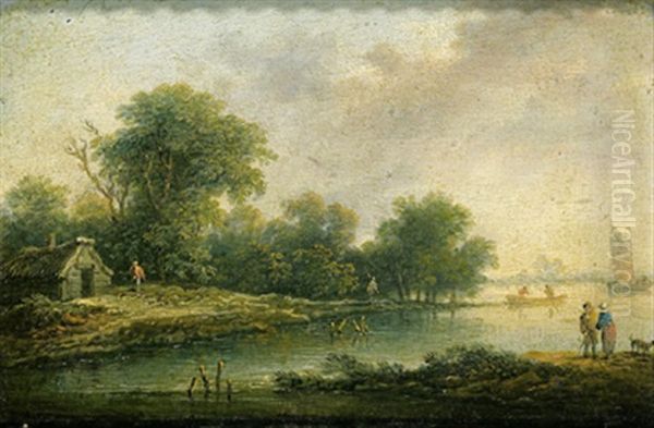 Bewaldete Flusslandschaft Mit Figuren Und Booten Oil Painting by Johann Christian Brand