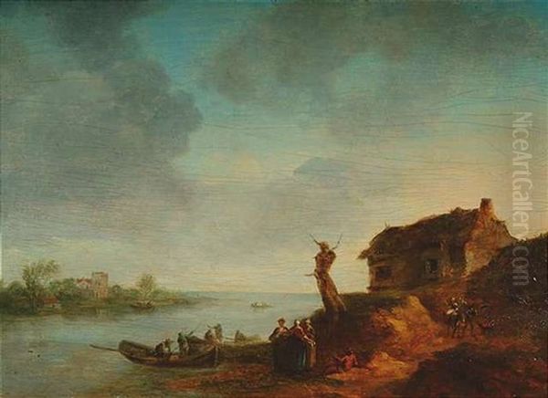 Weite Fluslandschaft Mit Anlegenden Fischerbooten Und Frauen Oil Painting by Johann Christian Brand