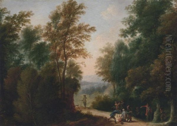 An Italianate Wooded Landscape With Bandits On A Track Oil Painting by Johann Christian Brand