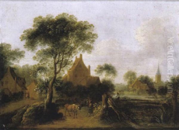 Bewaldete Landschaft Mit Einem Dorf Und Einem Hirten (der Morgen) Oil Painting by Johann Christian Brand