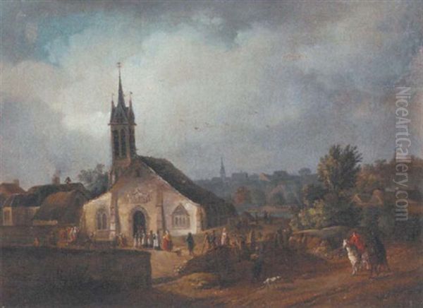 A Country Church Will Villagers And Horseman On A Nearby Track Oil Painting by Johann Christian Brand