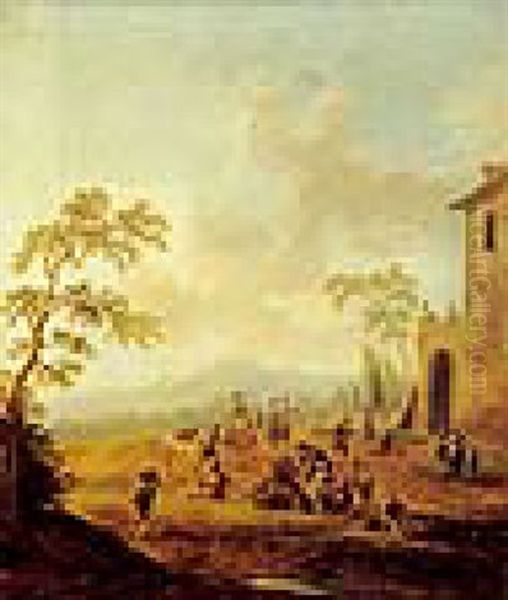 Bewaldete Landschaft Mit Vielen Figuren Vor Einem Gebaude Oil Painting by Johann Christian Brand