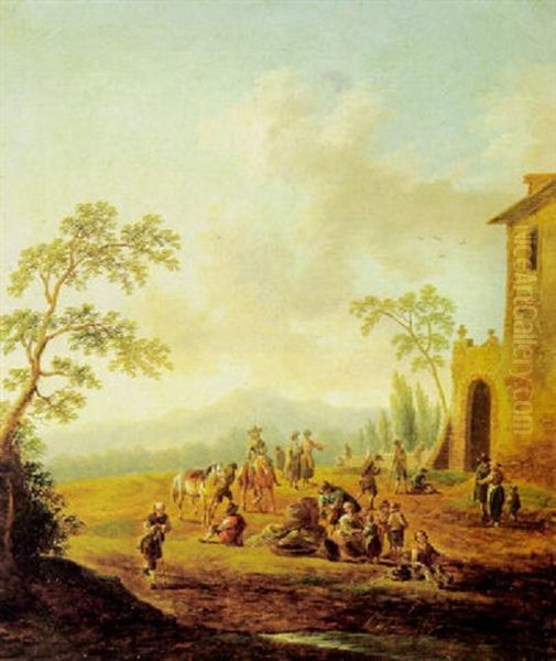 Bewaldete Landschaft Mit Vielen Figuren Vor Einem Gebaude Oil Painting by Johann Christian Brand