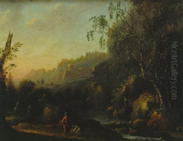 Flusslandschaft Mit Staffage Im Abendlicht Oil Painting by Johann Christian Brand